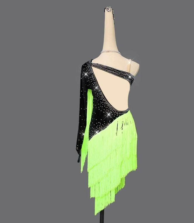 新品未使用ラテンワンピースドレス フリンジ 社交ダンス衣装 グリーン