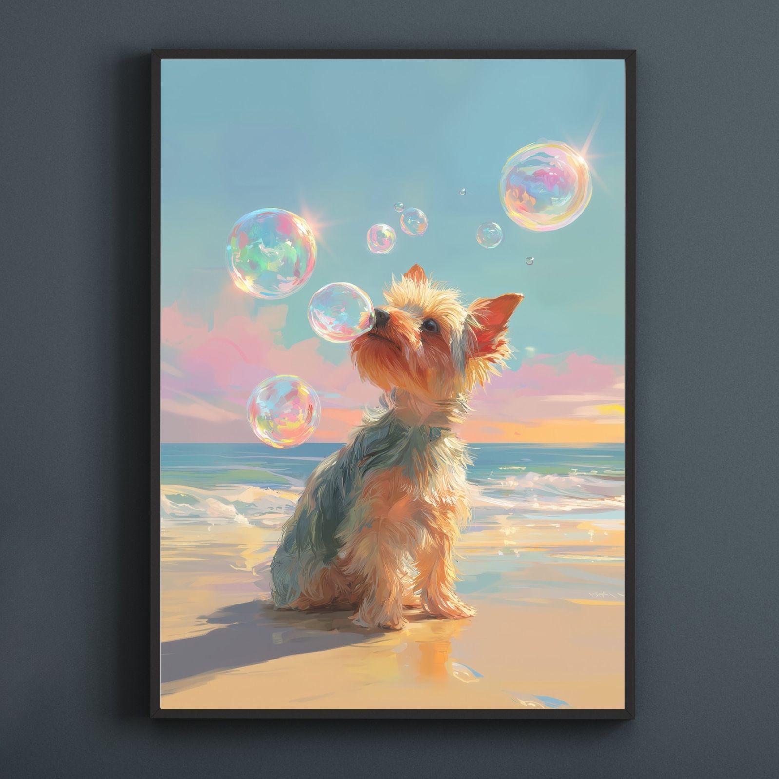 名入れOK 犬とシャボン玉 - ヨークシャーテリア犬 No.1 ヨーキー アートポスター うちの子記念日 ペットロス 北欧 ナチュラル