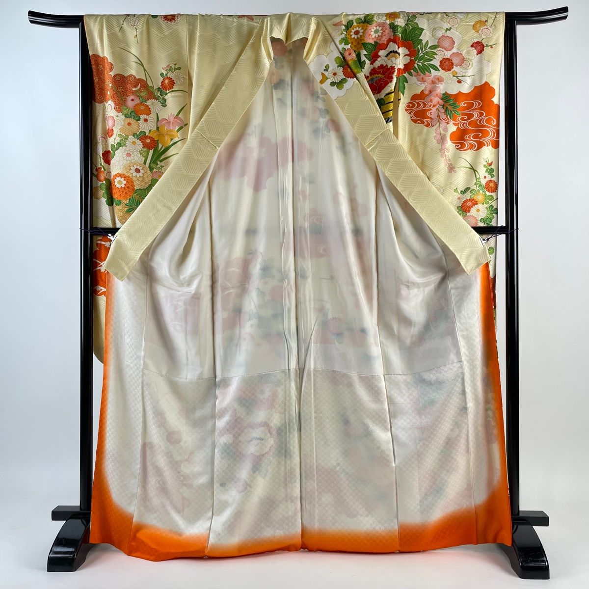 ち★美品★ 振袖&長襦袢セット　正絹　織柄無地　花紋刺繍　身丈162センチ H.L 振袖3点セット 渋濃ピンク紫地熨斗に吉祥華紋 振袖 袋帯