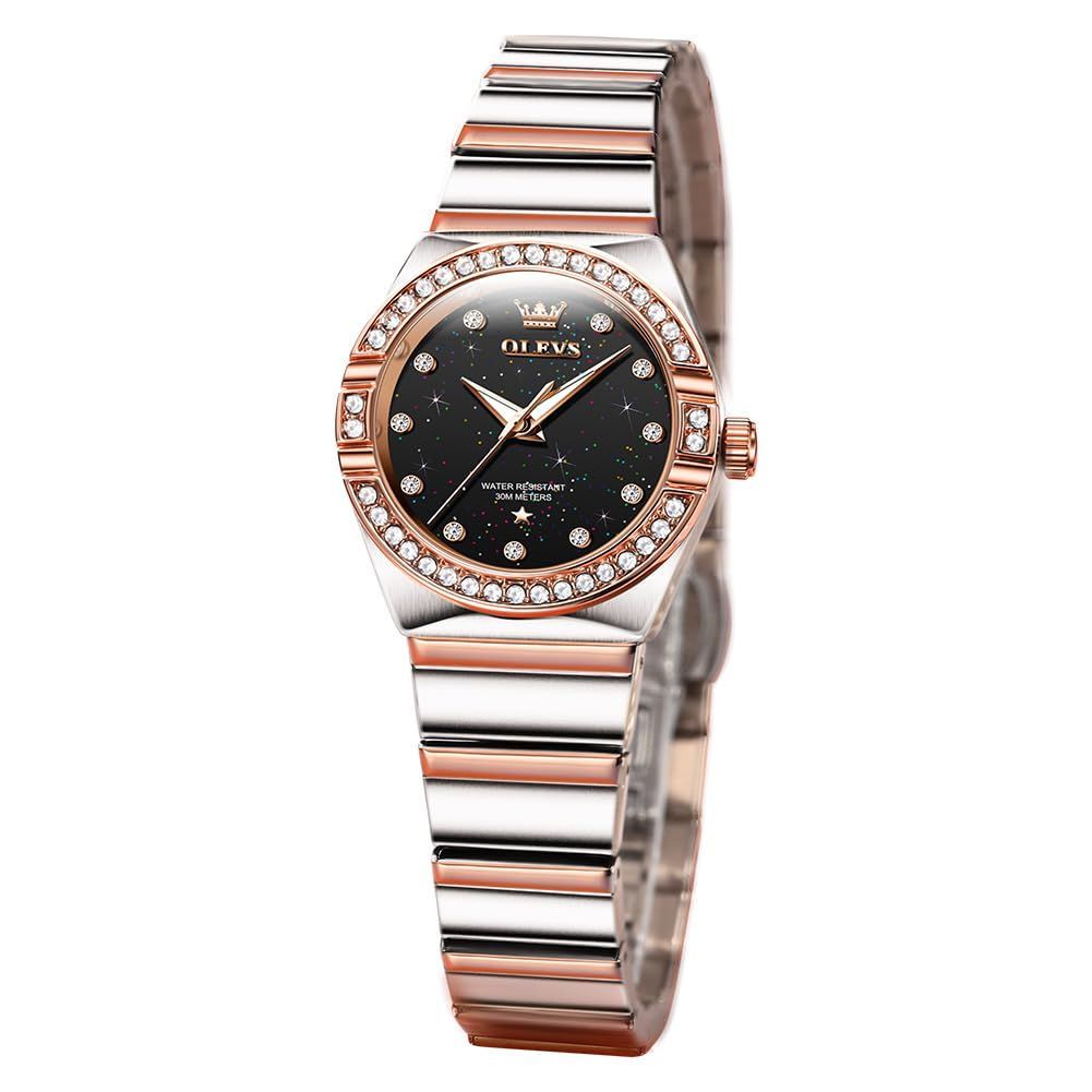 OLEVS 腕時計レディース 人気 防水 かわいい クォーツ うで腕時計 ビジネス ステンレス とけい腕時計ファッション ブラック文字盤 クリスタル 女性用腕時計 Ladies Watch