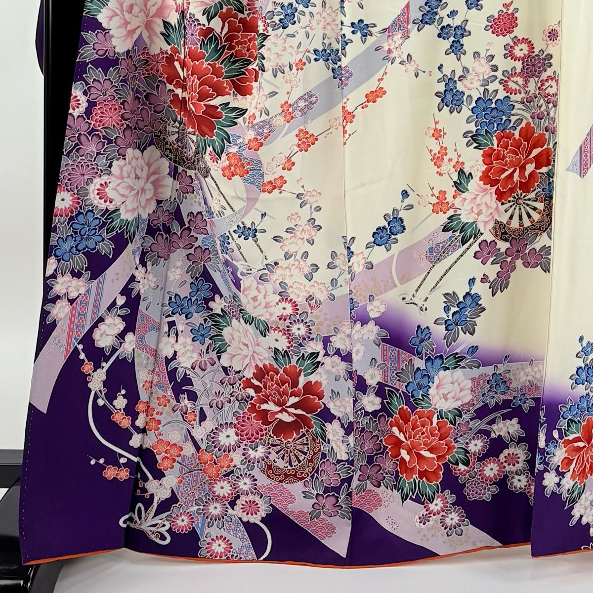 振袖 身丈169.5cm 裄丈68cm L 袷 花車 牡丹 金彩 染め分け 緑 正絹 名品