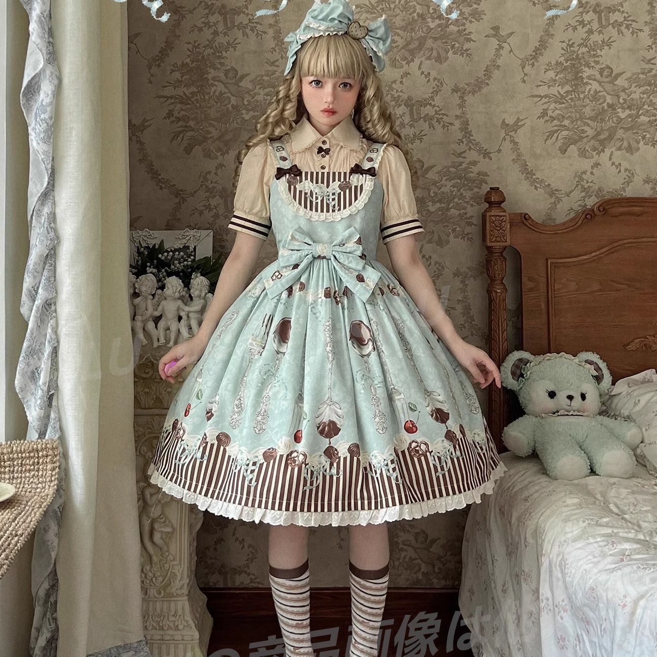 ロリータ 甘いチョコレート柄プリント 緑色 コスプレ衣装 ワンピースセット JSK カチューシャ付き フリルデザイン クラシカルスタイル 女性用 lo18
