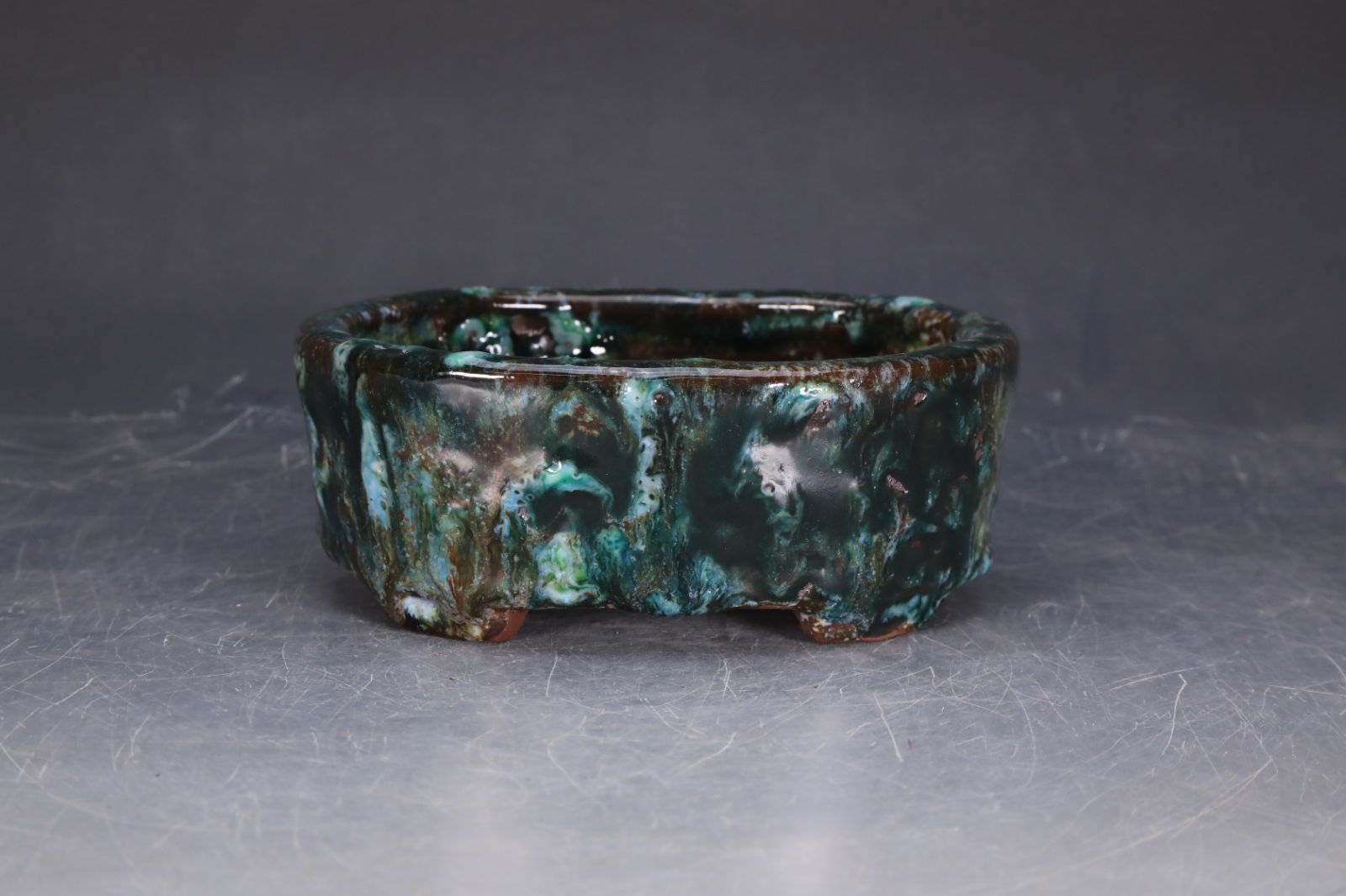 石井盆栽 秀峰 作 緑 盆栽鉢 p-073