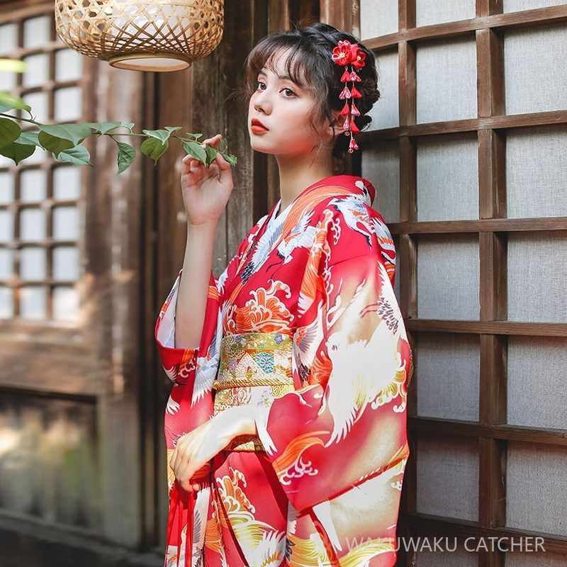 着物 振袖 赤 鶴 着物 長袖 リメイク シンプル可愛い レトロ