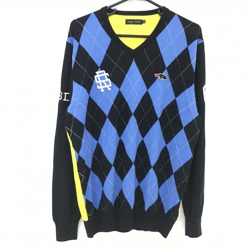 超美品】ラフアンドスウェル セーター 黒×ブルー Vネック アーガイル  