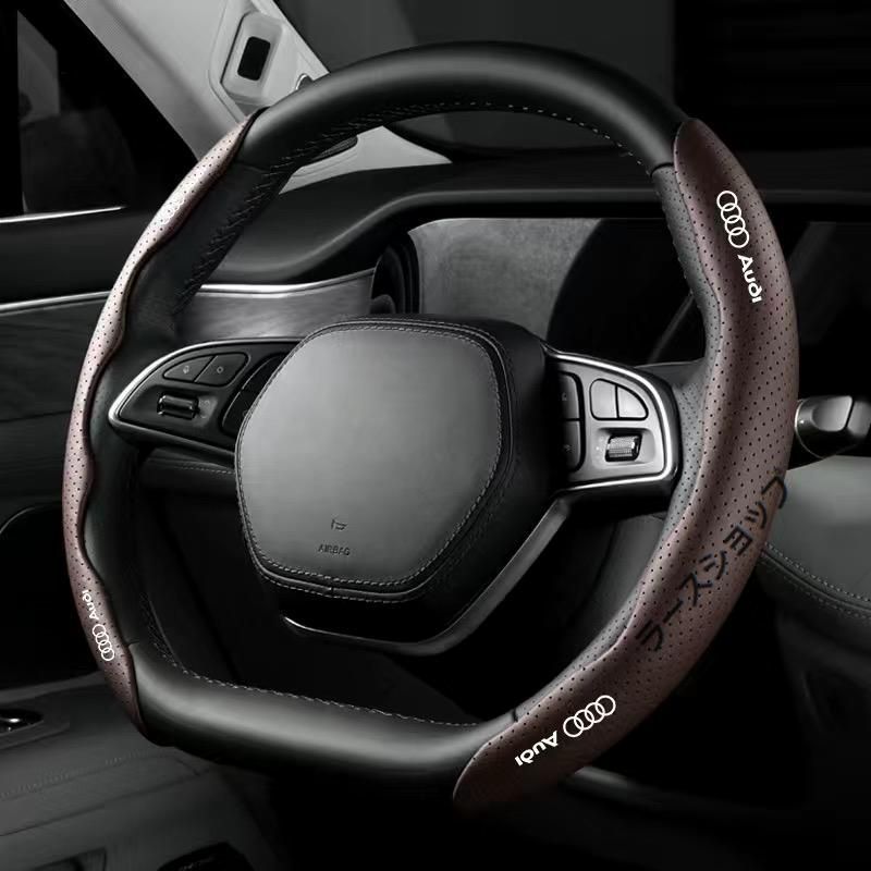 アウディ AUDIモカブラウンハンドルカバー ハンドル保護 専車ロゴ ステアリングカバー レザー 滑り止め D型 O型 分割 タイプ 2本セット 新品未使用