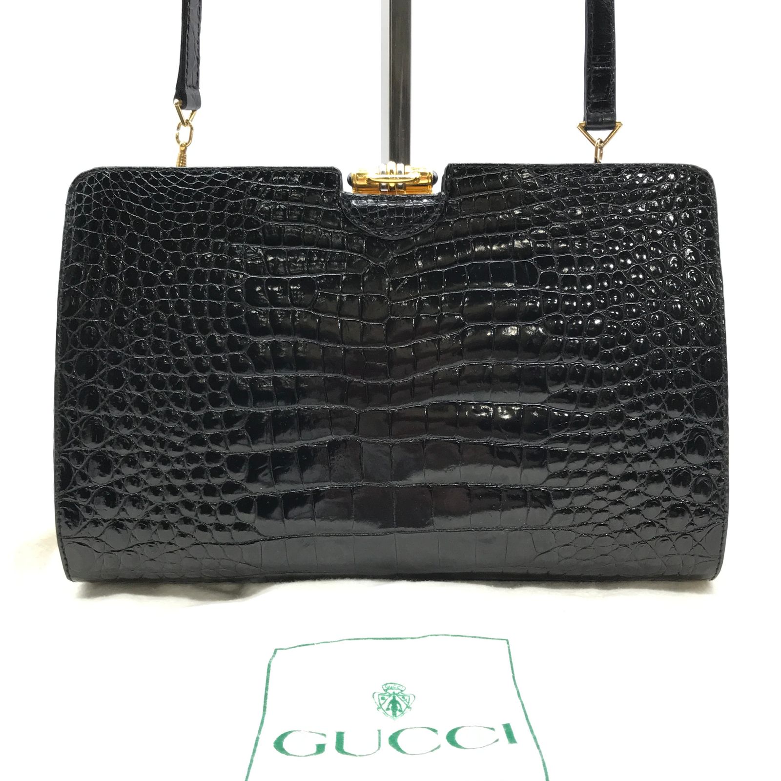良品 GUCCI グッチ クロコ がま口 ショルダー バッグ ブラック k1649 