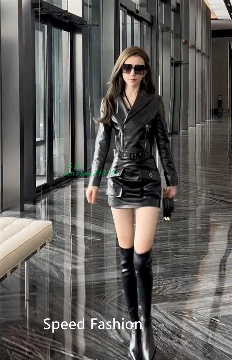 PUレザー スカートスーツ レディース ベルト付き 長袖 ジャケット タイトスカートスーツ 秋冬 ミニスカート 上下セット セットアップ kni5a424379