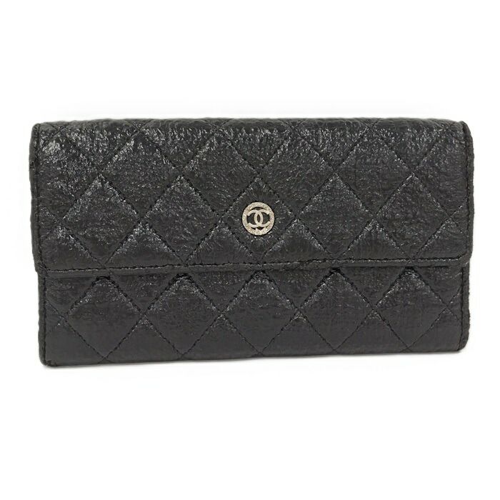 CHANEL 長財布 マトラッセ フラップ レザー ブラック