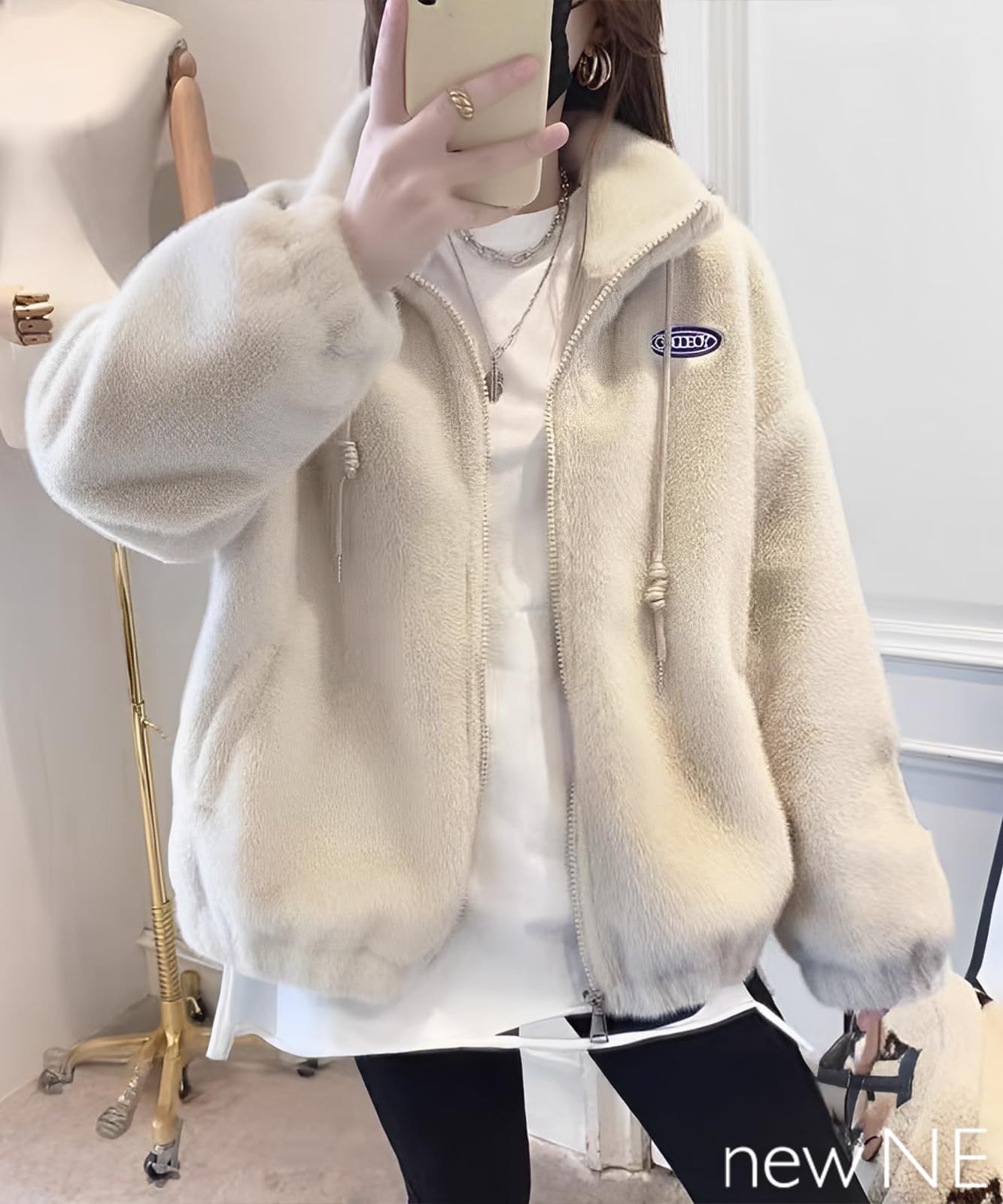 ニューネ 裏地付き ボアジャケット レディース もこもこ ふわふわ あったか ジャンバー 防風 ジップアップ トップス 厚手 アウター カジュアル 長袖 通勤 通学 あったかい 前開き ミディアム おしゃれ かわいい 防寒 シンプル ゆったり オシャレ 学