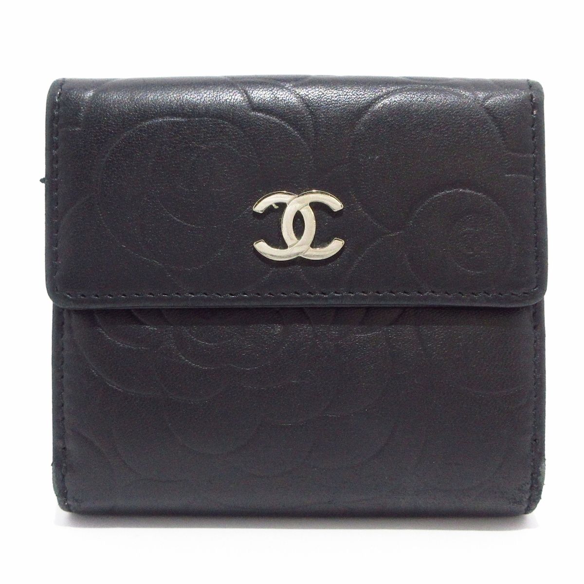 CHANEL(シャネル) Wホック財布 カメリア A47422 黒 シルバー金具