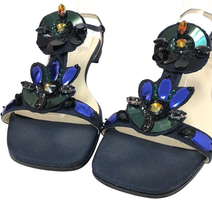 PRADA プラダ アンクルストラップ ビジュー サンダル ネイビー