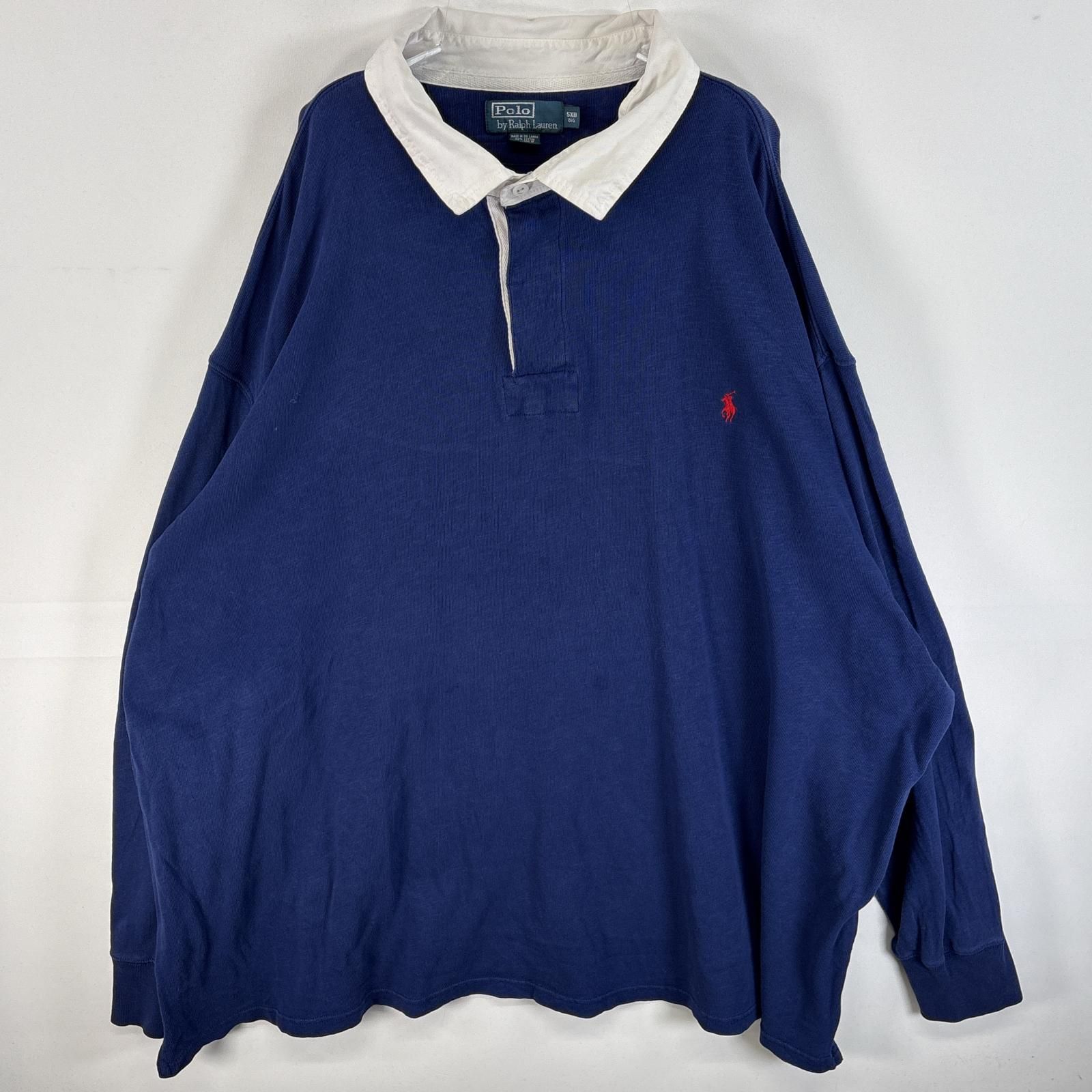 古着 90's/90年代 ポロバイラルフローレン Polo by Ralph Lauren 長袖 ラガーシャツ ワンポイント ロゴ 刺繍 エルボーパッチ 大きいサイズ 5XB  ネイビー系 無地 メンズ