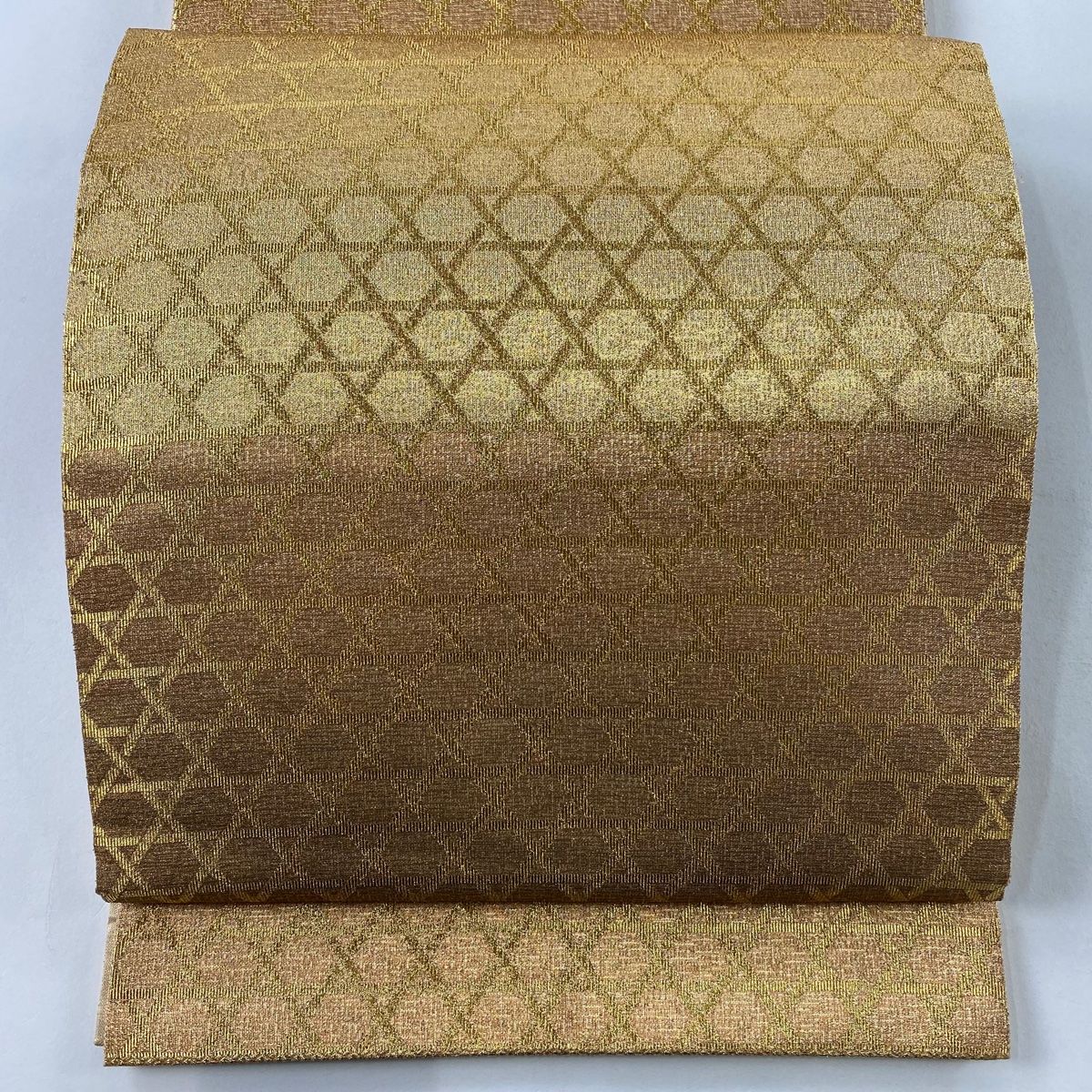 袋帯 秀品 籠目 段縞 箔 金色 全通 正絹