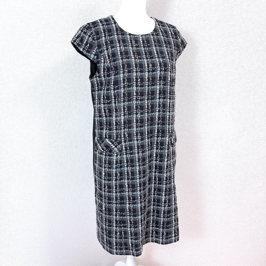 Leilian 半袖 切替ワンピース 13 ブラック ツイードチェック