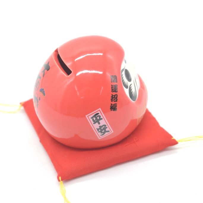 日本　達磨　陶器製 達磨 ダルマ 貯金箱 座布団付き 陶器製置物 大願成就 フルカラー