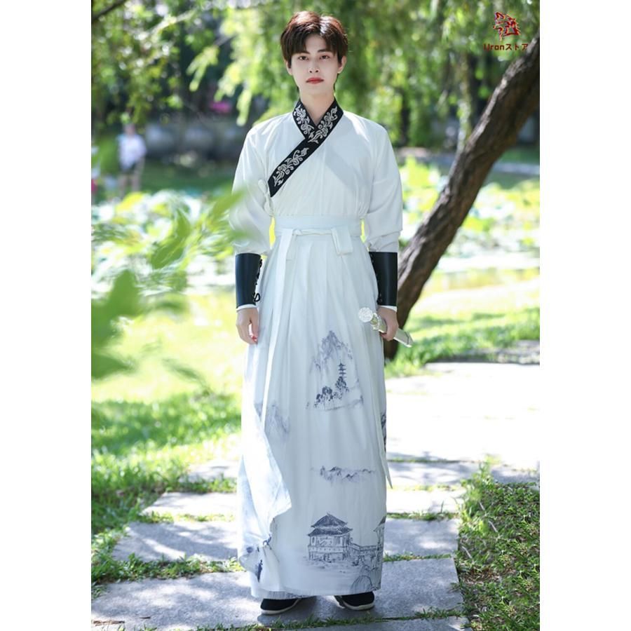 ♥ メンズ用 チャイナ服 漢服 中華コスプレ衣装 4点セット 5点セット 白 交差襟 山水 プリント 鶴 タンチョウ 刺繍 振袖の羽織 おしゃれ 中華 BJ0903ML335