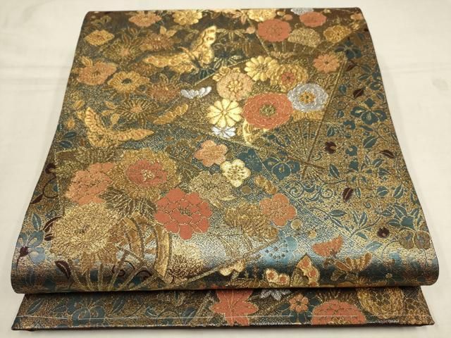 ◇【売切値下げ】507mnu5◇洗える夏帯 絽 格天井 銀糸 京袋帯 化繊◇美品 平和屋着物▽六通柄袋帯 扇面花蝶文 金銀糸 正絹 逸品
