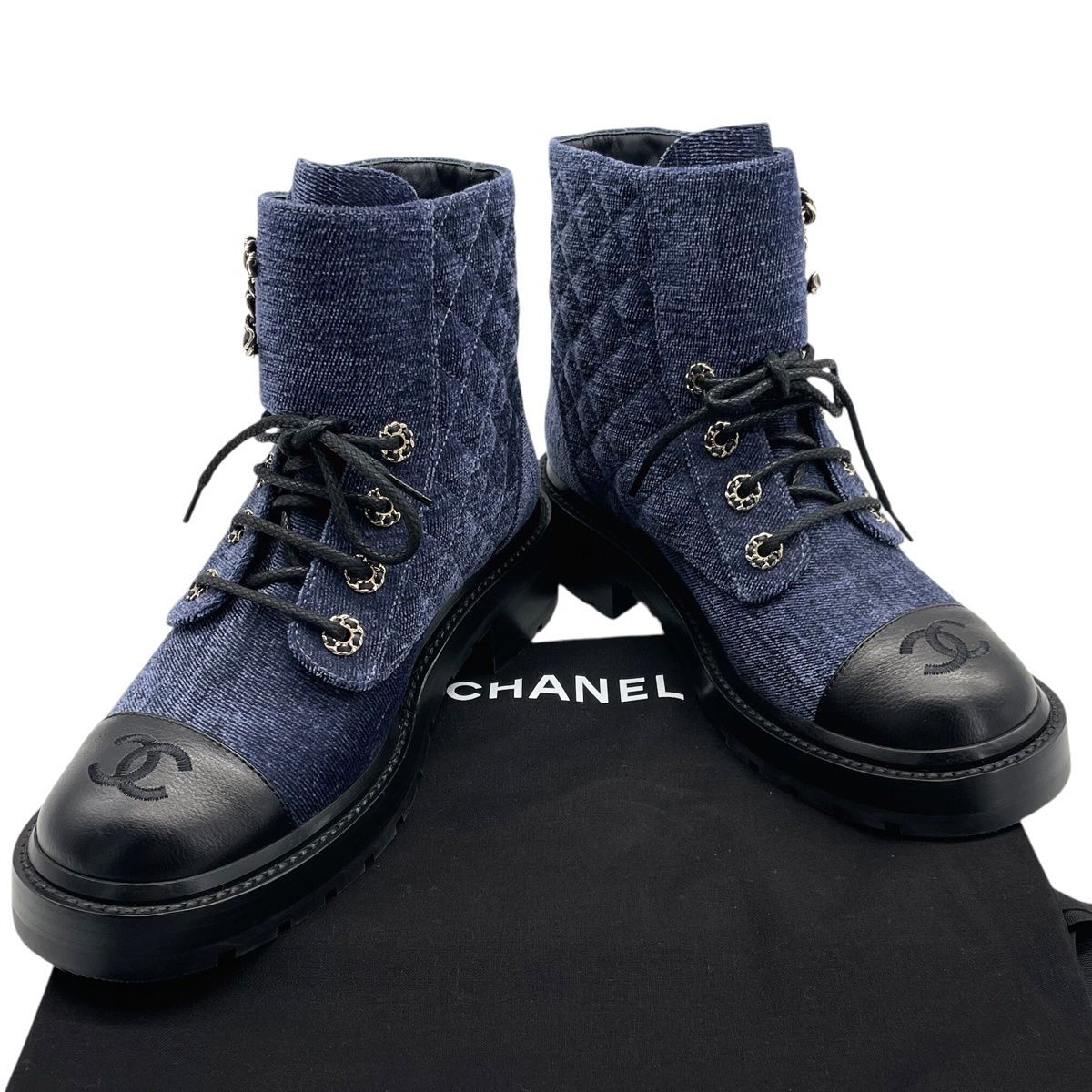 CHANEL シャネル ベルベット カーフスキン ココマークマトラッセショートブーツ G36424 レースアップ サイズ38 ブルー×ブラック 靴 レディース 23045662 QB