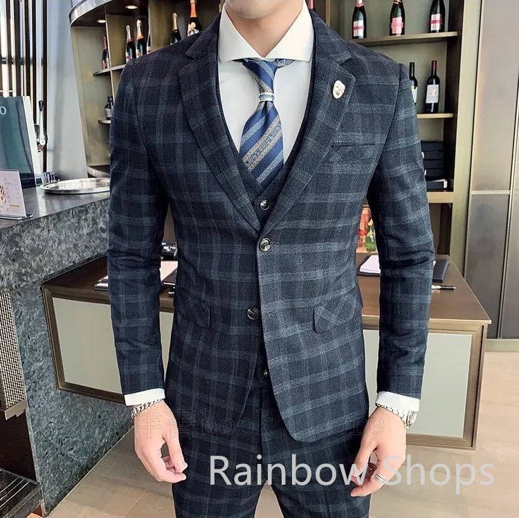 スーツ ビジネススーツ メンズ 3点セット 上下 チェック柄 ドレススーツ スリーピース ビジネス 小さい 大きい 大きめ s m 春 夏 秋 冬 インナー ウエスト調整 上着 おしゃれ 大きいサイズ