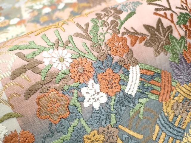 平和屋着物○六通柄袋帯 唐織 草花文 金糸 正絹 逸品 CAAW4573hy