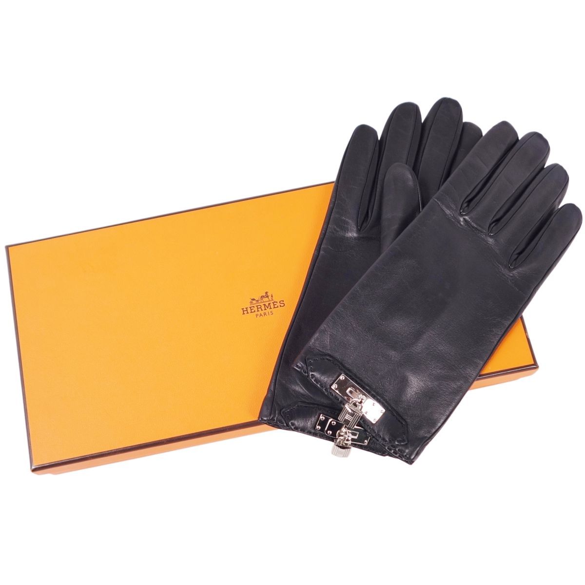 HERMES エルメス ラムスキン グローブ 手袋 セリエ ゴールド 黒 美品