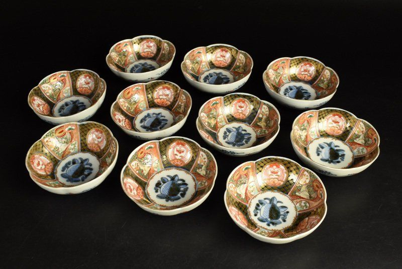 蔵A2593b1 伊万里 染錦 輪花向付 なます皿 小鉢 十客