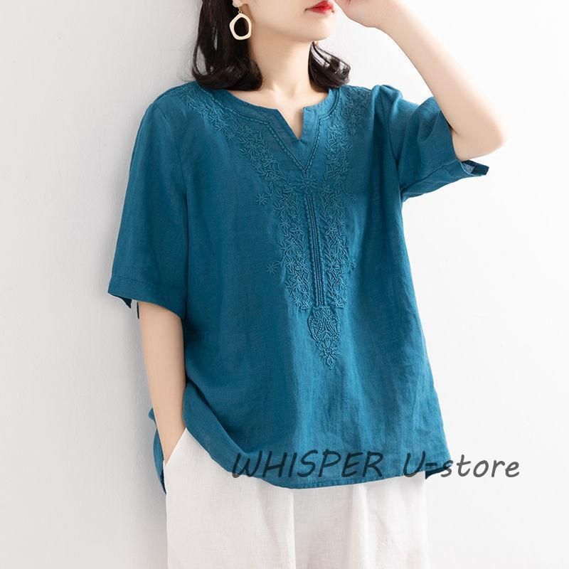 tシャツ レディース 半袖 夏 ゆったり かわいい 薄手 おしゃれ 大きいサイズ 無地 ブラウス トップス 綿麻 プルオーバー カットソー チュニック リネン混 ブラウス Tシャツ レディース 夏 綿麻 リネン 半袖 刺繍