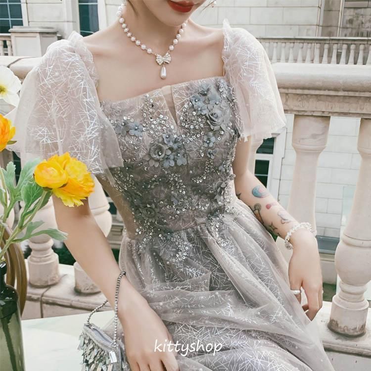 イブニングドレス グレー 花柄 キレイめ 発表会ドレス ロングドレス 黒 ブラック 結婚式ドレス 二次会ドレス お呼ばれドレス ロング丈 Aラ