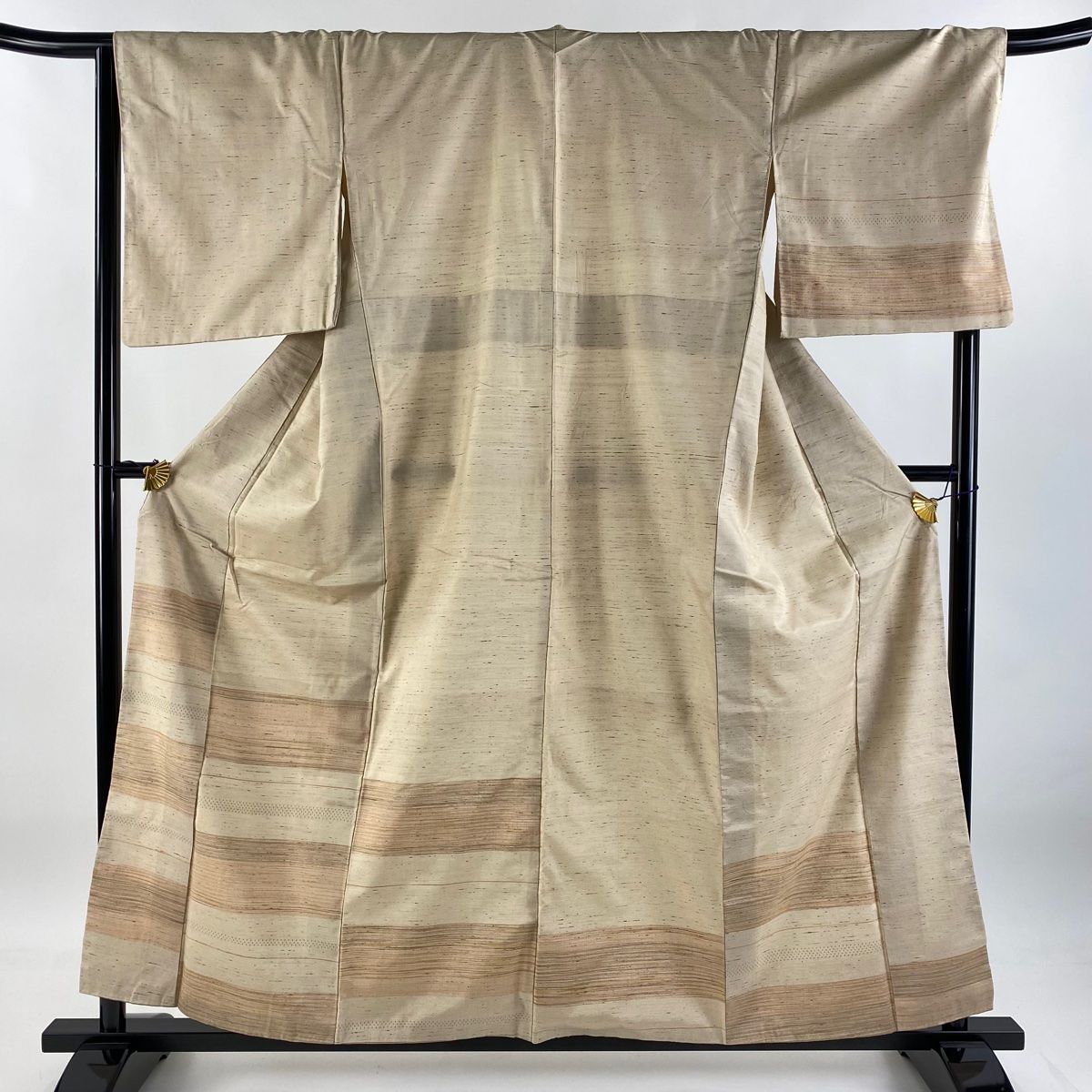 付下げ 身丈158cm 裄丈68cm L 袷 紬地 段縞 絣柄 ベージュ 正絹 名品