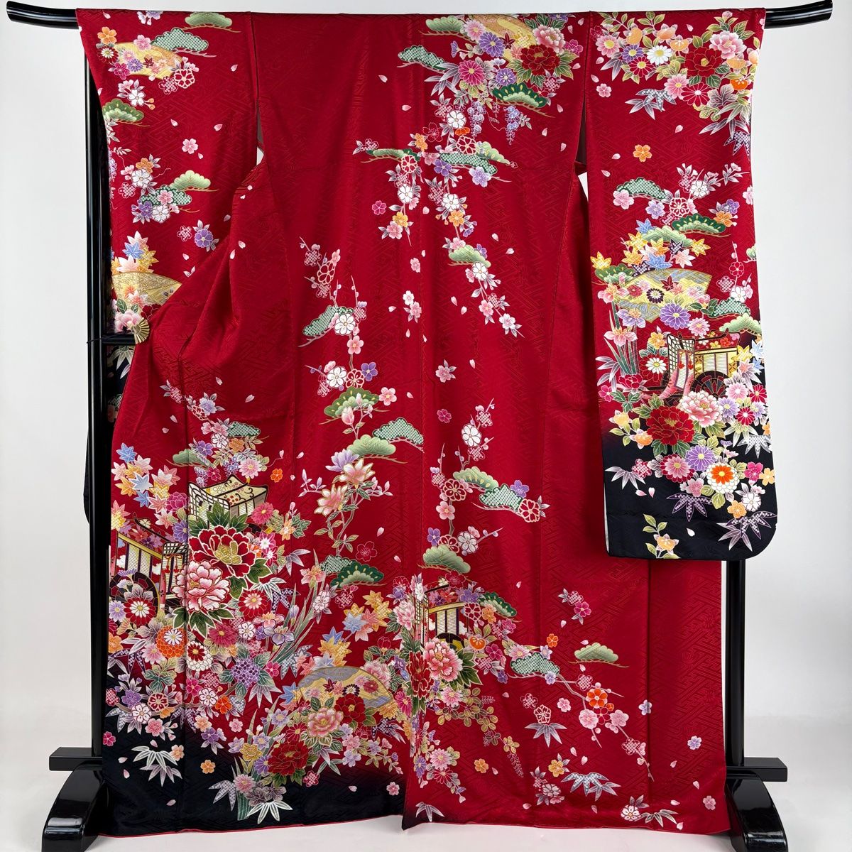 振袖 身丈170cm 裄丈68cm L 袷 御所車 草花 金彩 赤 正絹 秀品