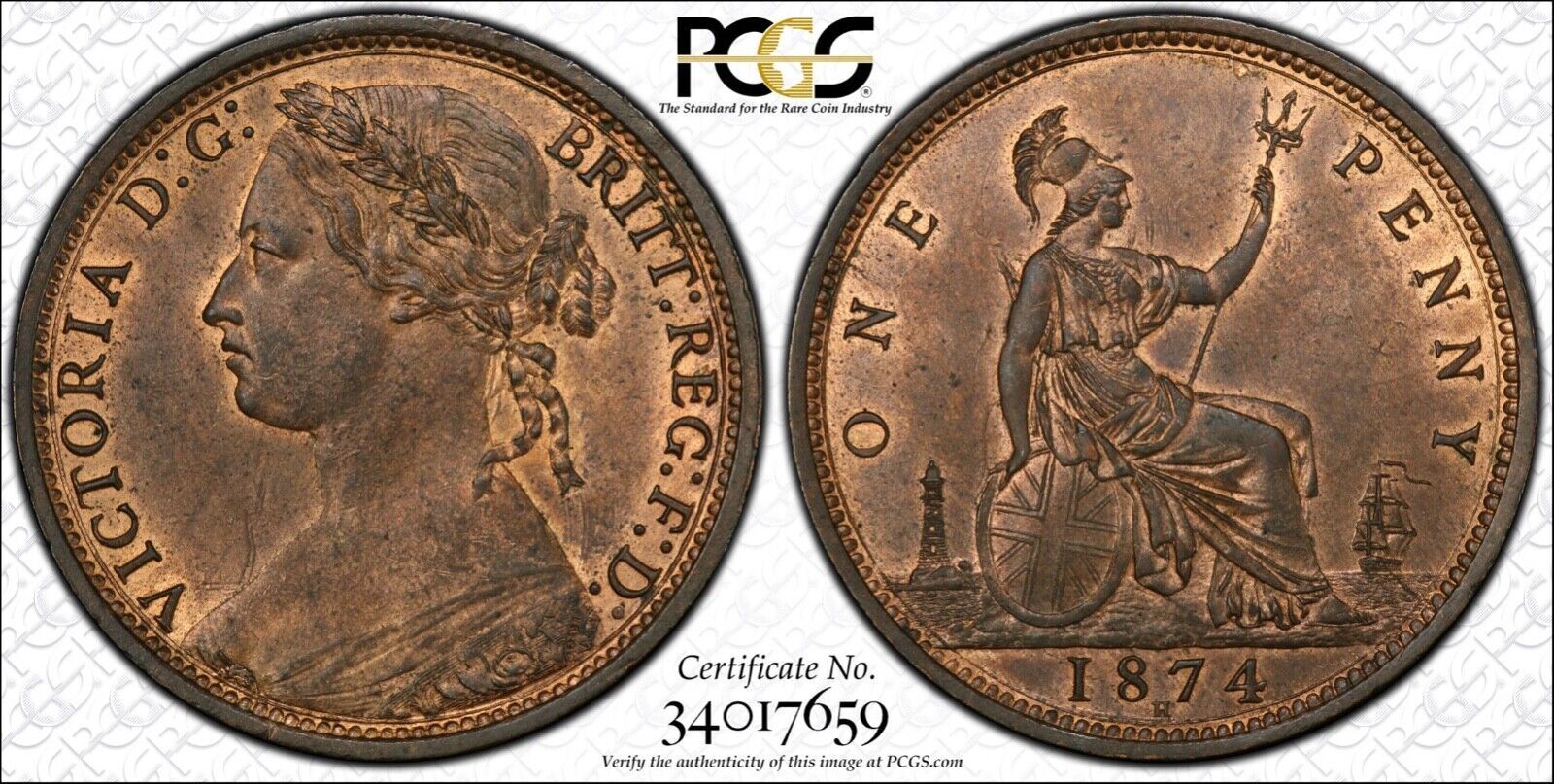 GREAT BRITAIN VICTORIA 1874-H PENNY COIN UNCIRCULATED CERTIFIED PCGS MS65-RB