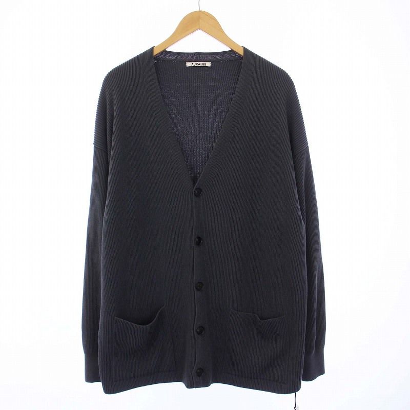 オーラリー AURALEE タグ付き 22SS Super Hard Twist Rib Knit Big Cardigan ニットカーディガン 長袖  Vネック 4 M グレー A22SC01TR /KH