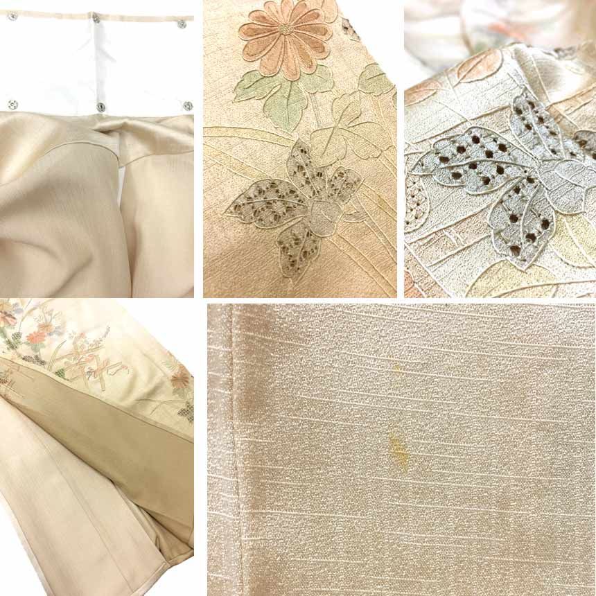 ち★美品★ 振袖&長襦袢セット　正絹　織柄無地　花紋刺繍　身丈162センチ 正絹振袖27(薄黄緑色、大きな花の刺繍)