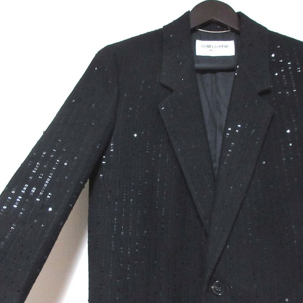 新品同様 22AW SAINT LAURENT サンローランパリ 2022年モデル スパンコール ツイード 1B シングル チェスターコート 46 175/92A ブラック メンズ 古着 中古 USED 新品同様 22AW SAINT LAURENT サンローランパリ 2022年モデル