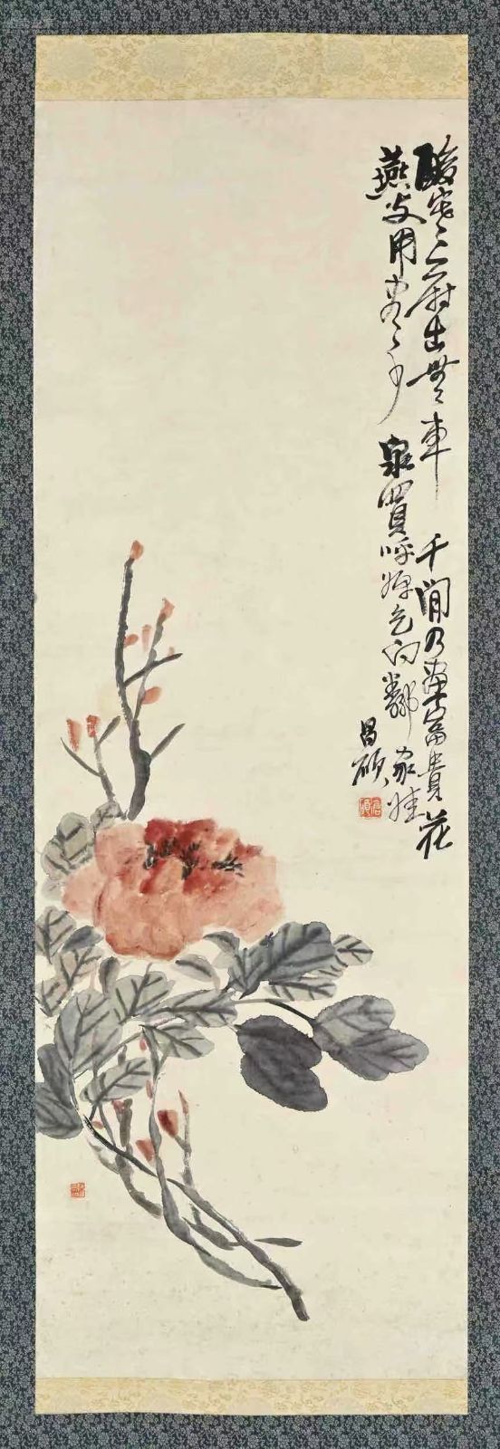 模写 富貴牡丹 呉昌碩 中国近代書画家 近代四大家 文人画家 花卉画 水墨画 中国美術 掛軸 き 落款あり