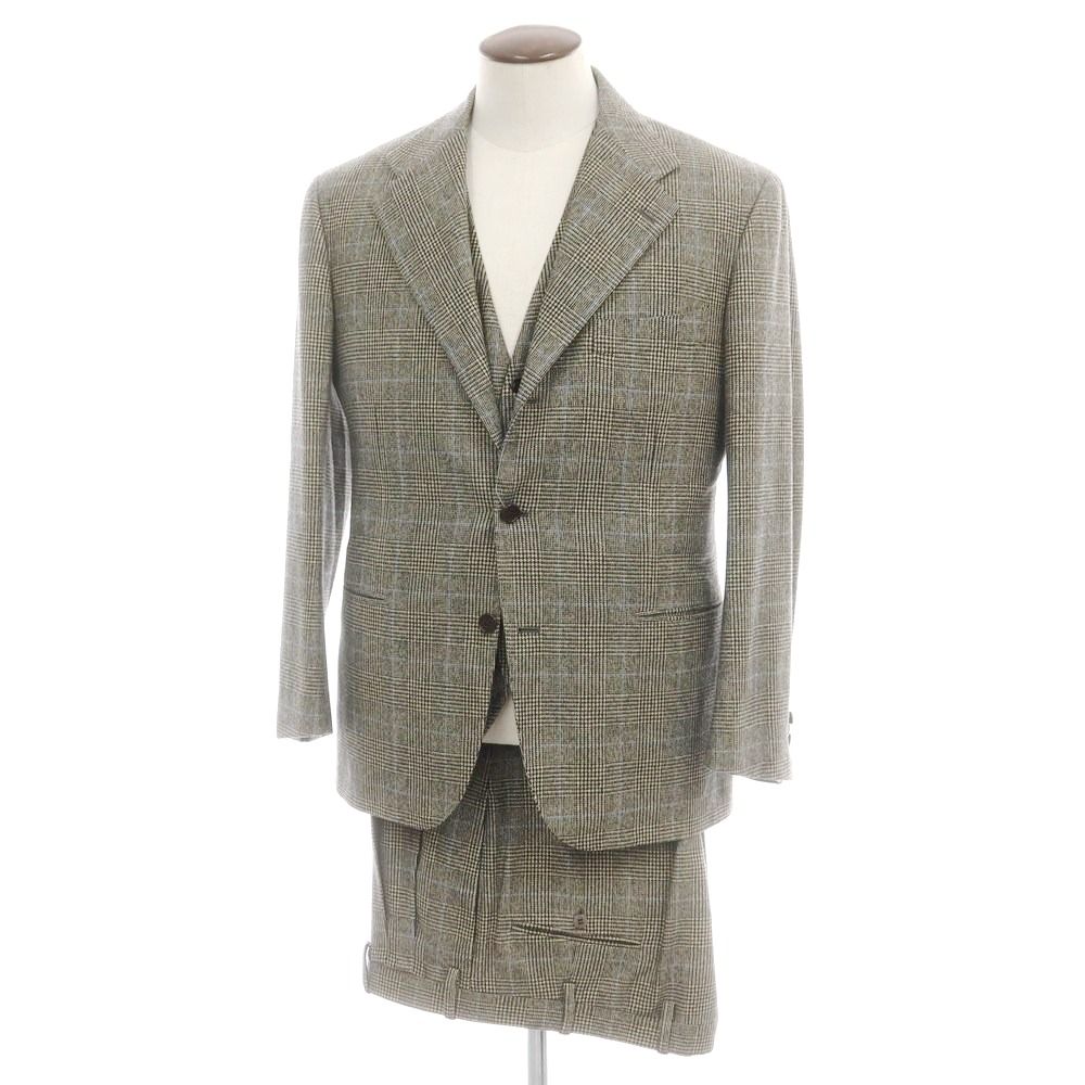 チロパオーネ キートン Ciro Paone Kiton ウールカシミヤ スリーピース チェック 3つボタンスーツ ベージュxブラック サイズ52 メンズ