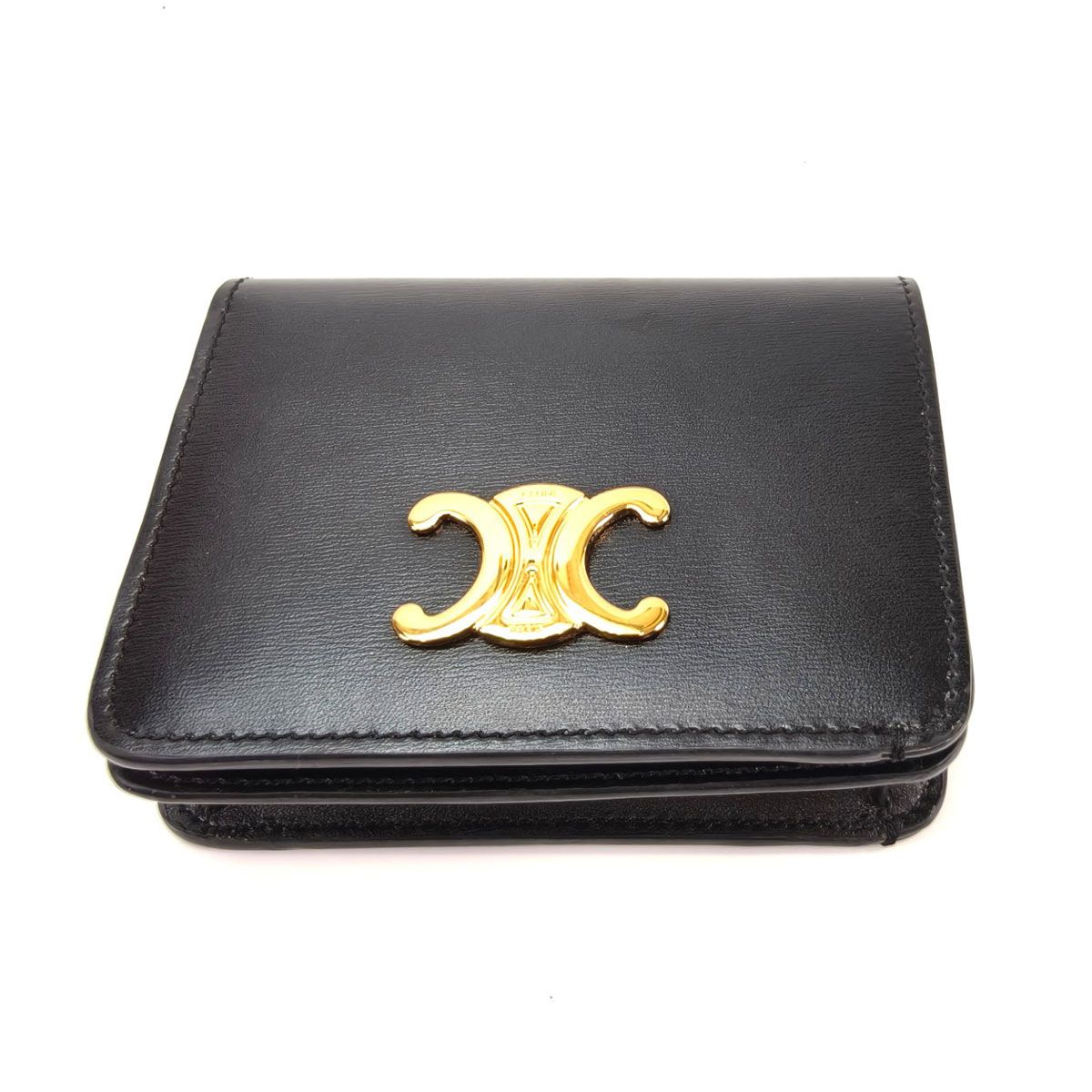 【極美品】セリーヌ 二つ折り財布 トリオンフ レザー ブラック ゴールド金具 ◎ 極美品 CELINE セリーヌ 財布 三つ折り コンパクト スモール