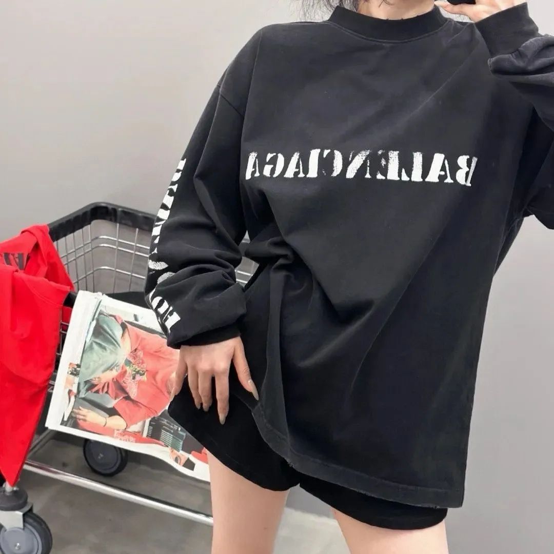 Balenciaga バレンシアガ 24ss両面ぼかし文字ロゴプリントカップル丸首長袖Tシャツ