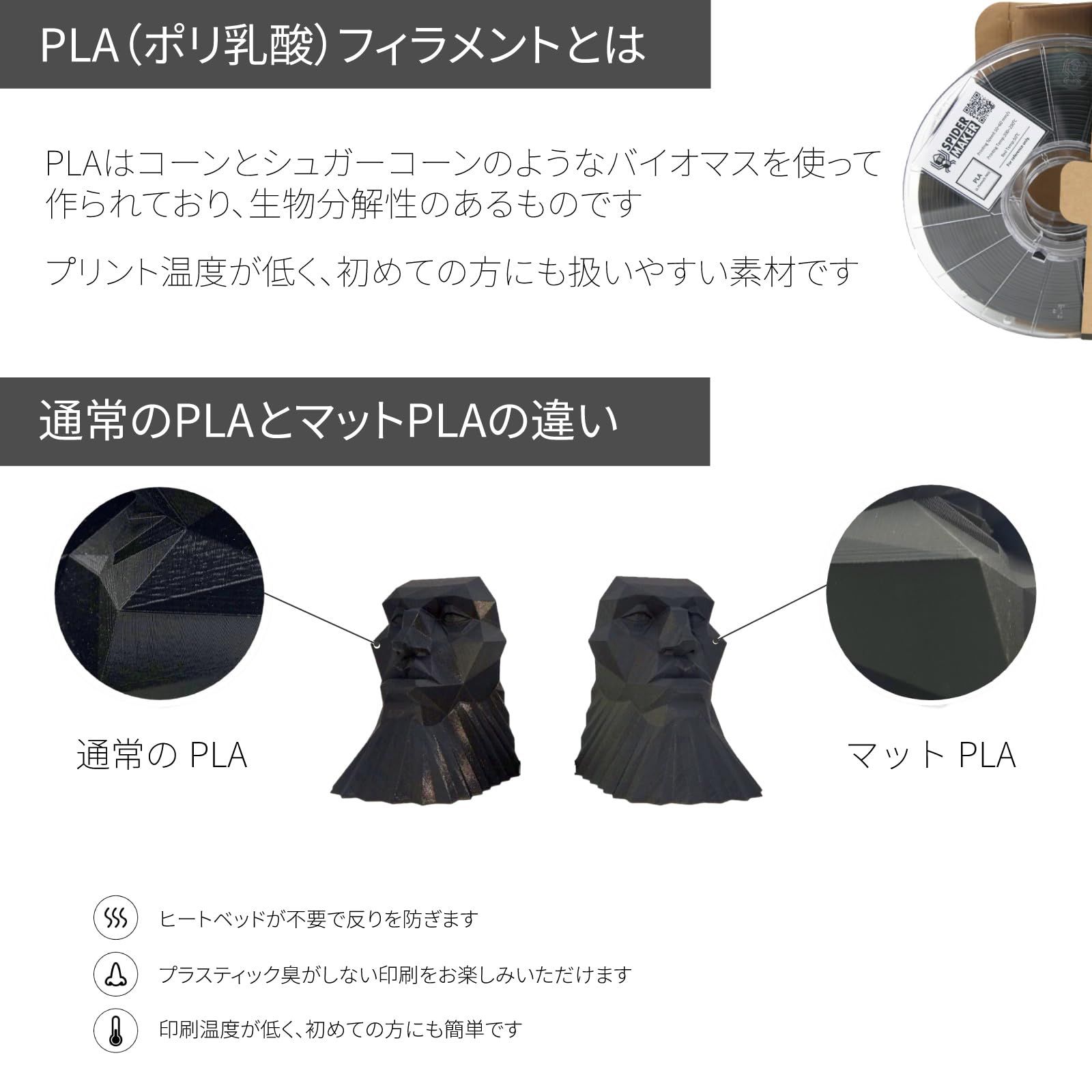 SpiderMaker 3Dプリンター用フィラメント 1.75mm マットPLA 白色 Paper White 700g