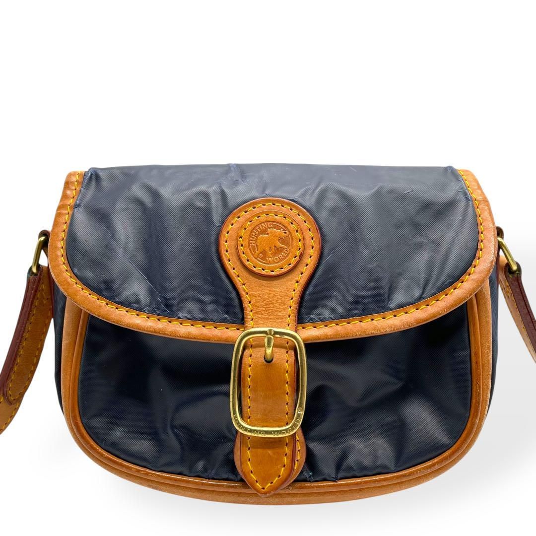 ★美品 HUNTING WORLD ショルダー ネイビー メッセンジャーバッグ 美品 HUNTING WORLD ショルダーバッグ ナイロン レザー ネイビー