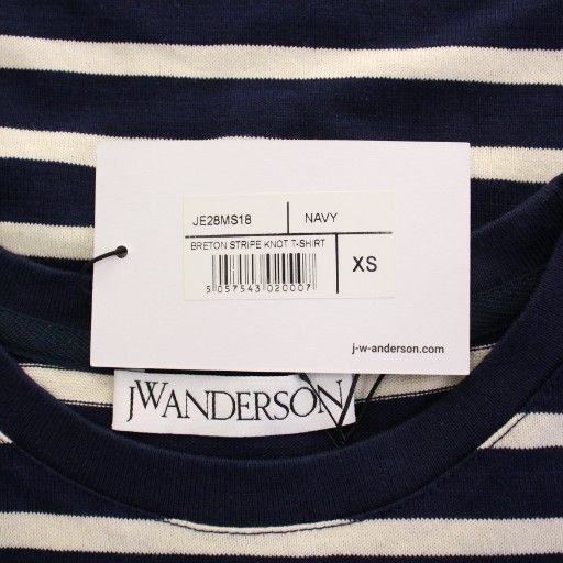  ジェイダブリューアンダーソン JWアンダーソン J.W.ANDERSON BORDER KNOT TEE ボーダーノットTシャツ カットソー 半袖 クルーネック アシンメトリー ストレッチ ロゴ 刺繍 XS 紺 ネイビー アイボリー 半袖(Tシャツ) Tシャツ カットソー