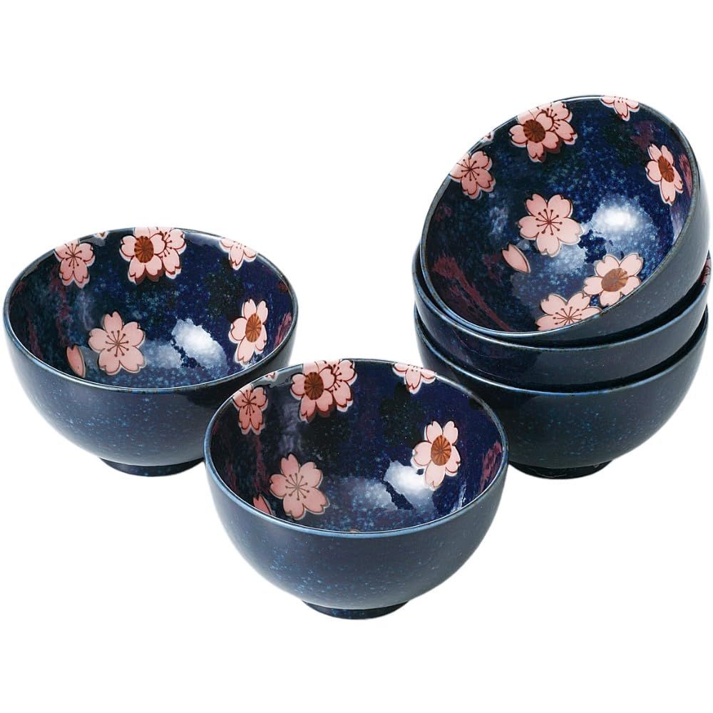 【人気商品】美濃焼 磁器 5客セット 中平 ネイビー桜 日本製 φ11.2×H6.5cm 5個セット 飯碗 ご飯茶碗 エールネット(Ale-net)