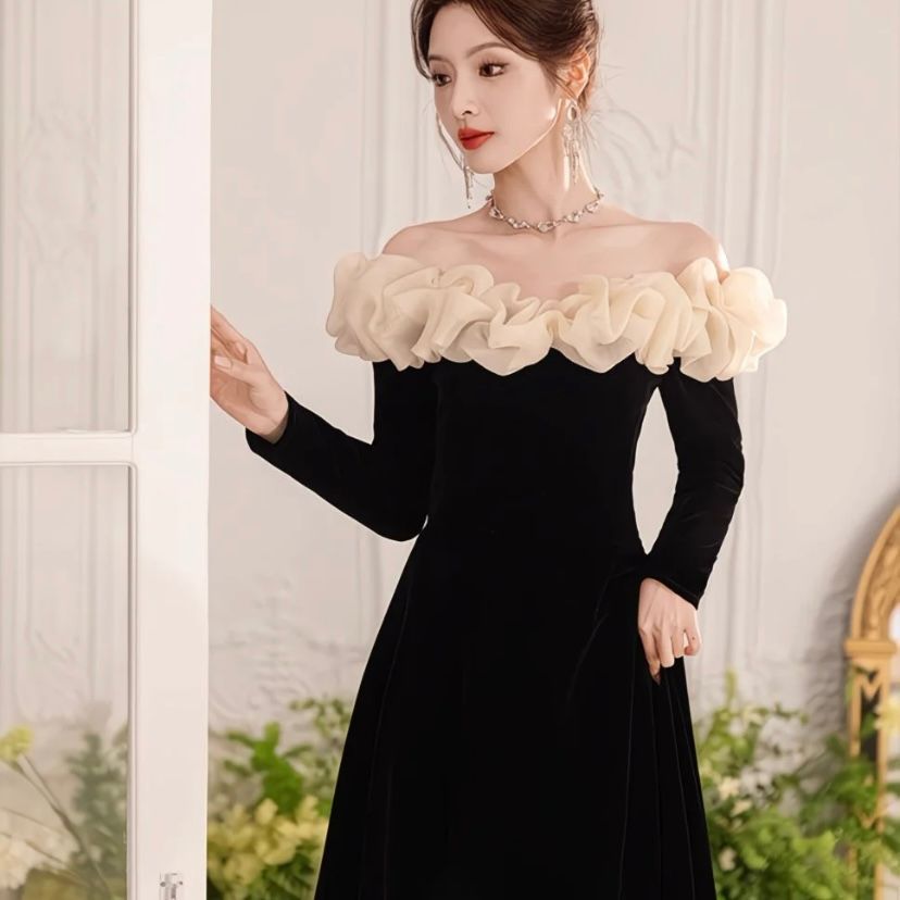  ドレス レディース ロングドレス 2025 黒 オフショルダー 長袖 晚礼服 感 小衆デザイン フレンチ風 エレガント パーティー 演奏会 発表会 結婚式 二次会 秋冬 パーティードレス ドレス ブライダル