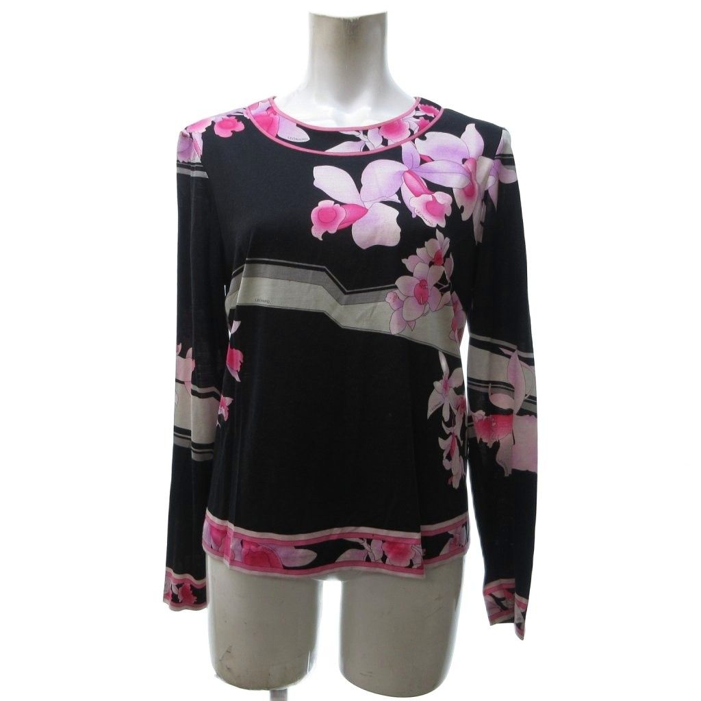 レオナール LEONARD ウールシルク ブラウス シャツ 花柄 総柄 黒 ブラック ピンク L IBO81
