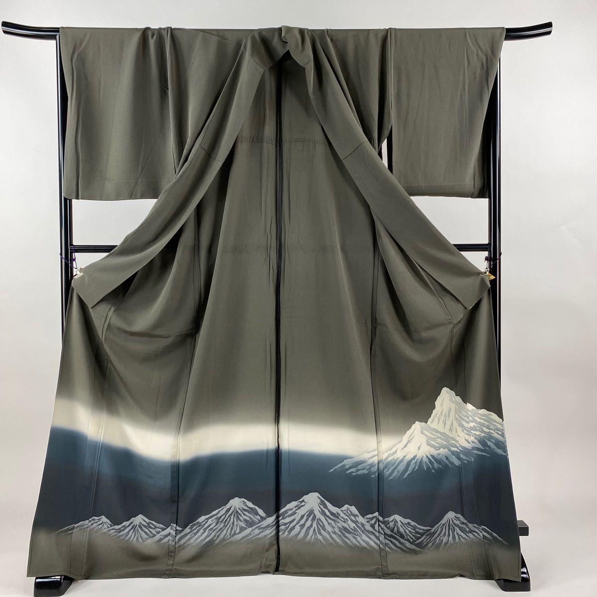 訪問着 身丈175cm 裄丈69cm L 単衣 山並み 染め分け ぼかし 茶緑色  