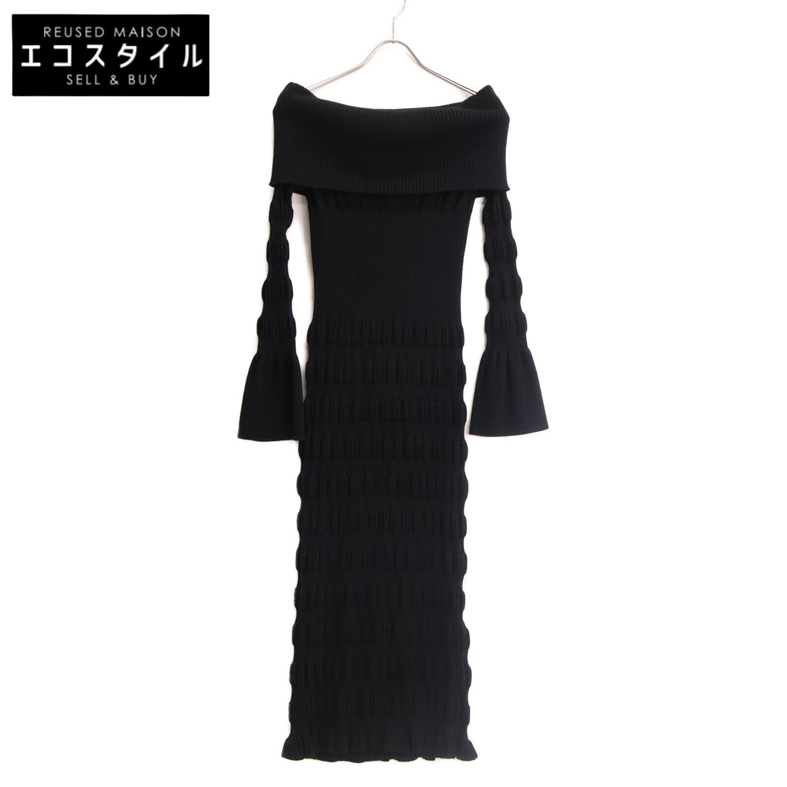 ✟ FETICO フェティコ FTC244-0703 24AW ﾌﾞﾗｯｸ STRIPE KNIT OFF SHOULDER DRESS ｽﾄﾗｲﾌﾟﾆｯﾄｵﾌｼｮﾙﾀﾞｰﾄﾞﾚｽ 1