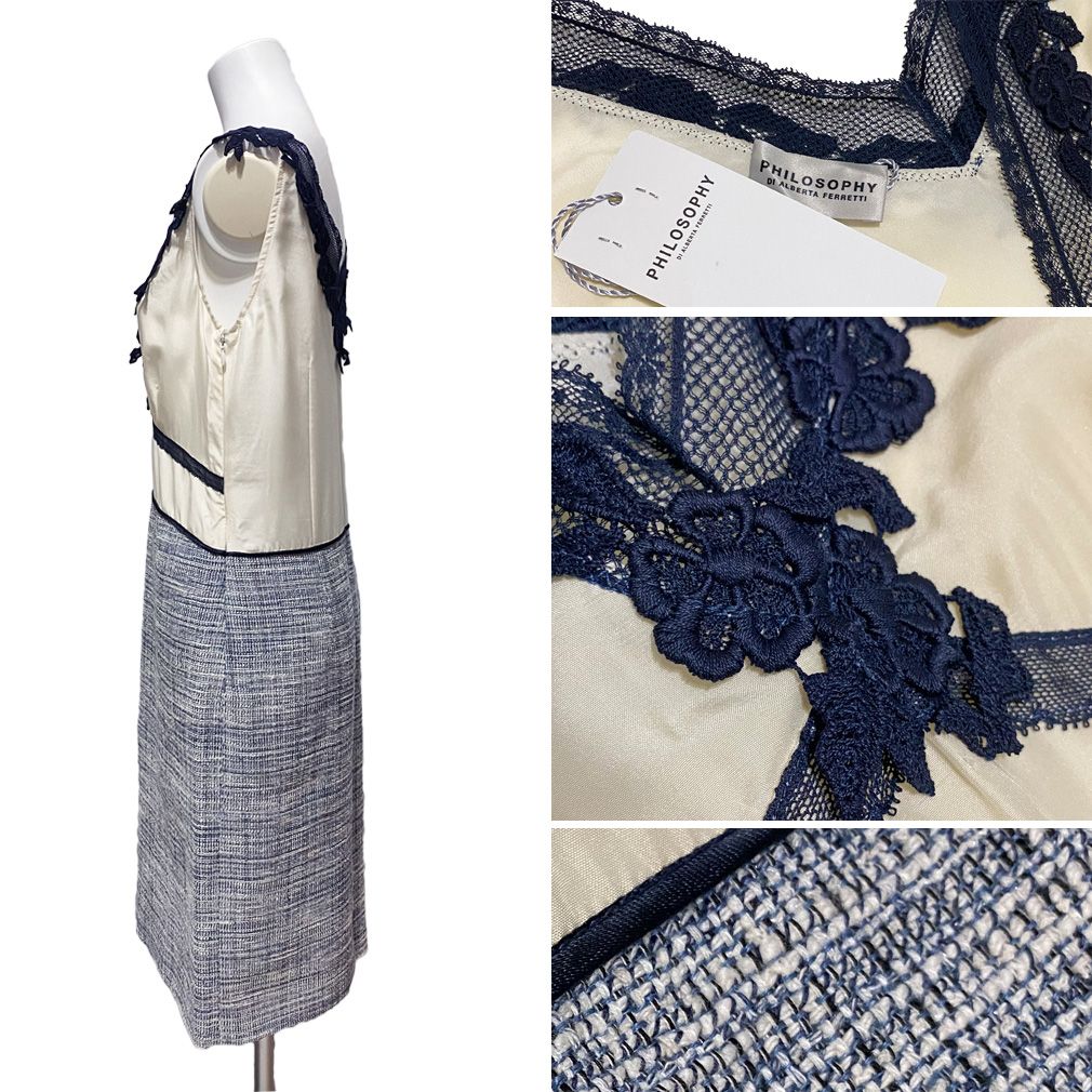 フィロソフィーPHILOSOPHY ツイードワンピース白×紺#40 新品フィロソフィーPHILOSOPHY ツイードワンピース白×紺#40