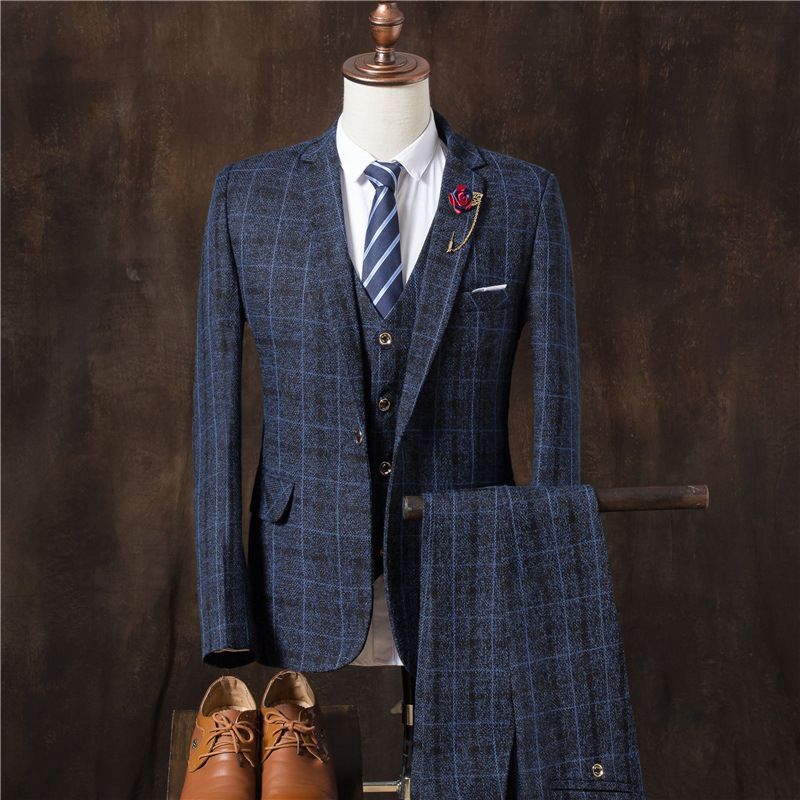 スリーピーススーツ チェック柄 3点セット ビジネススーツ ベスト ブレザー パンツ フォーマル 就職 結婚式 M~4XL ネイビー