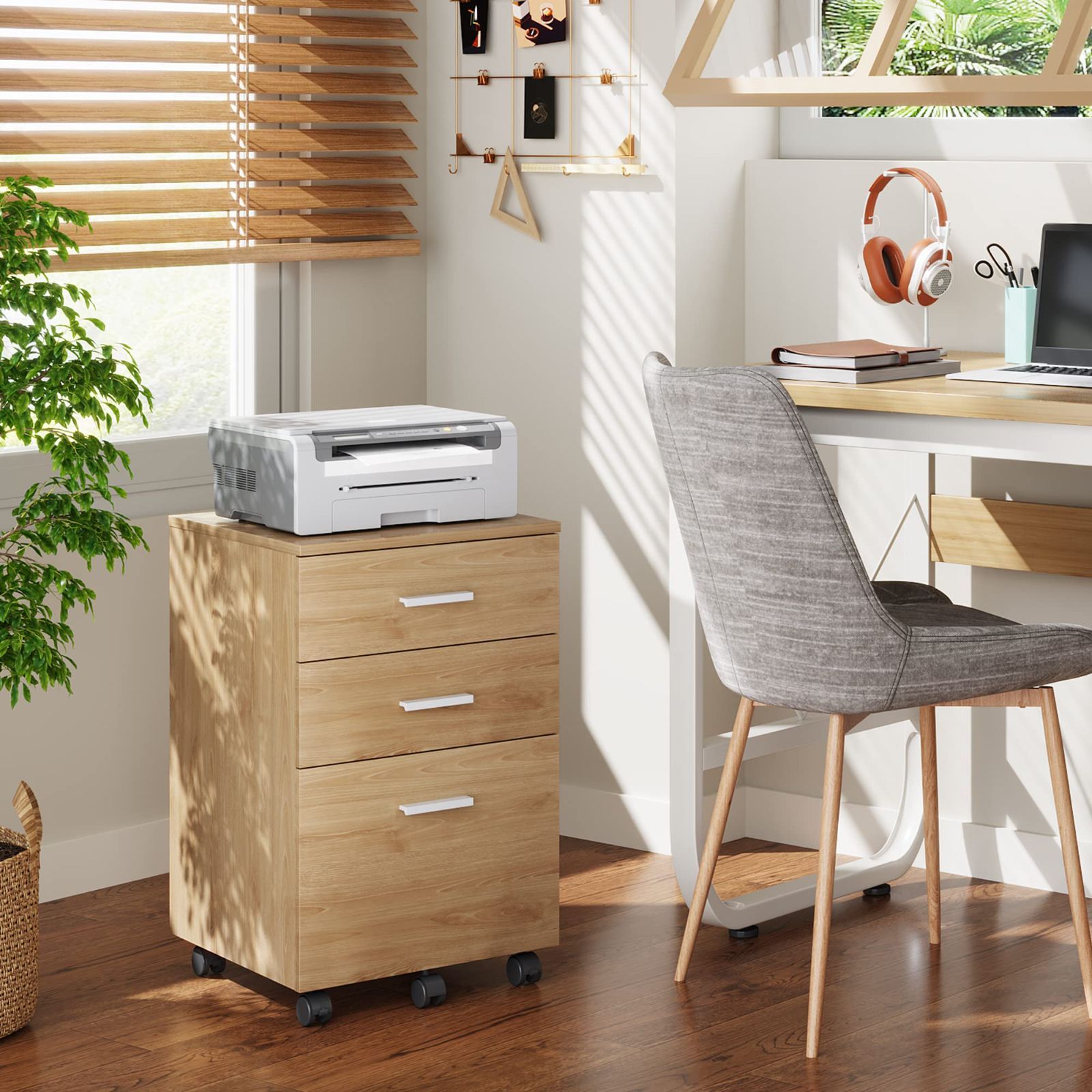DEVAISE デスクワゴン サイドワゴン キャビネット オフィスワゴン 袖机 木製 3段 A4対応 大容量 キャスター付き 幅400 奥行400 高さ595mm オーク 木目